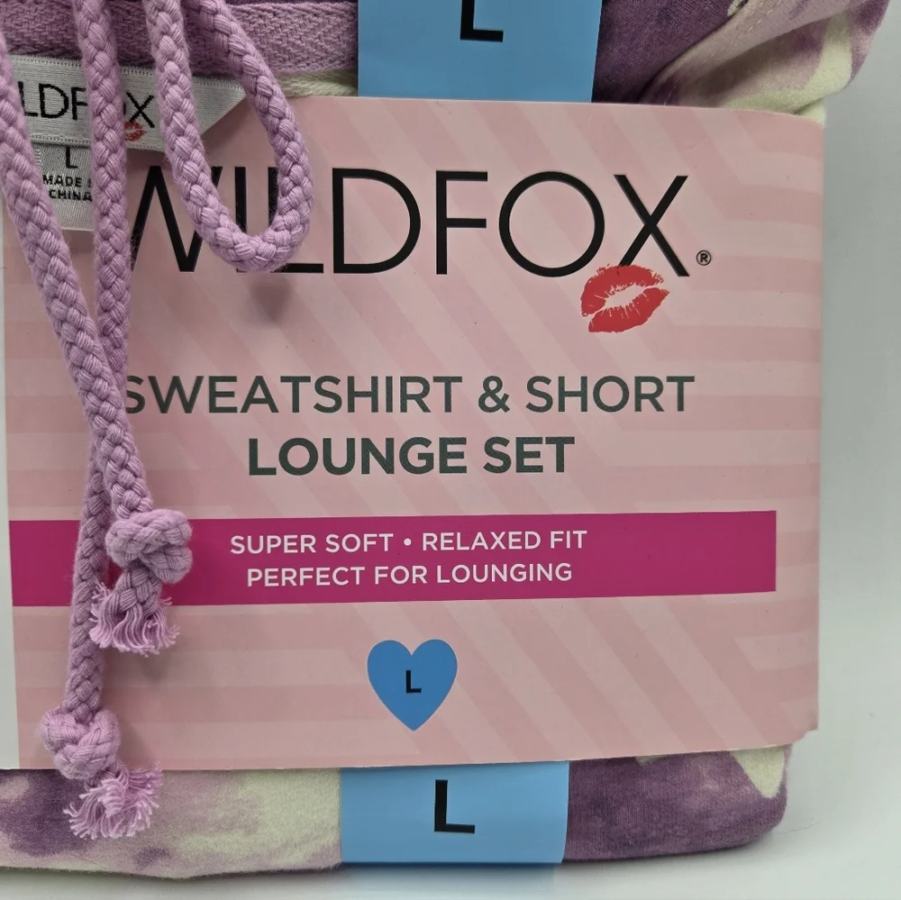 Wildfox Lounge Set Sweatshirt Shorts Tie Dye Stars Pajama PJ Purple Pink L